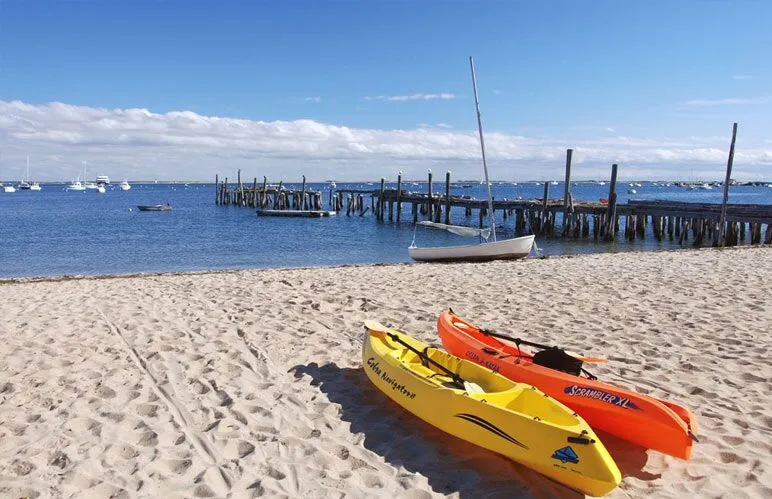 Two kayaks sit on a sandy beach with a pier and a small sailboat in the background.