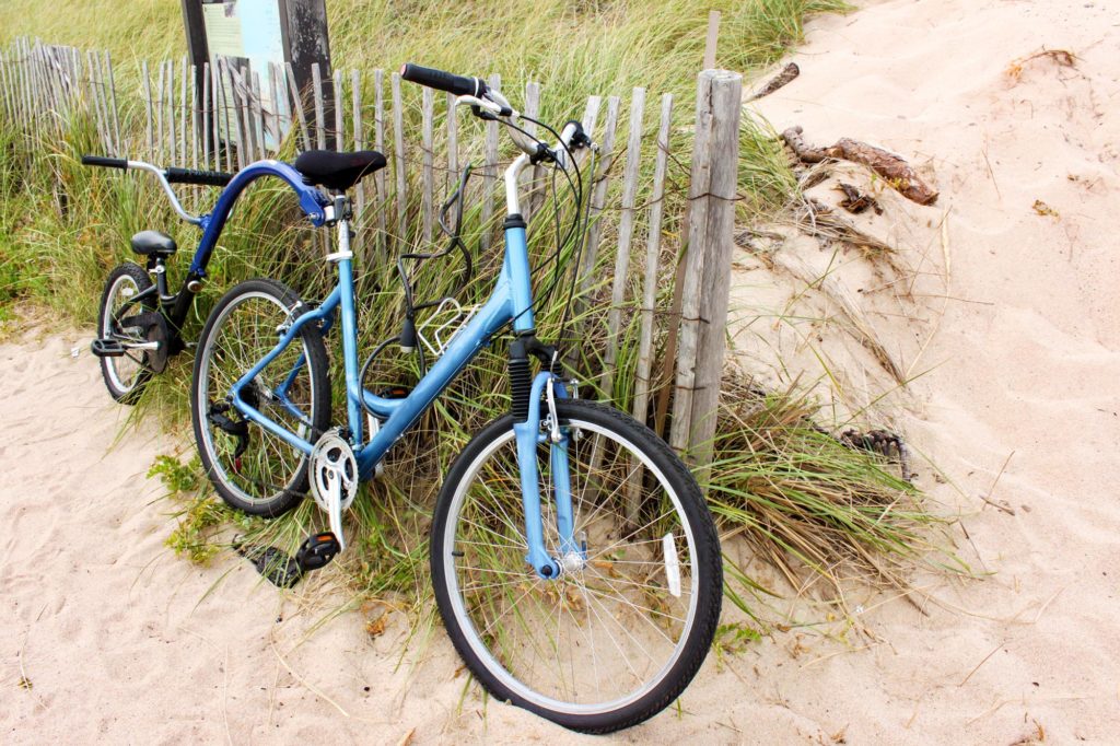 A two-person bike leaning against a fence at the seashore