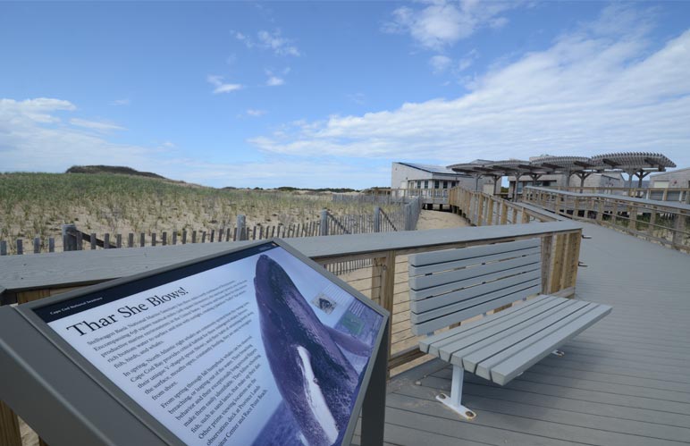 Beach with benches & boardwalk