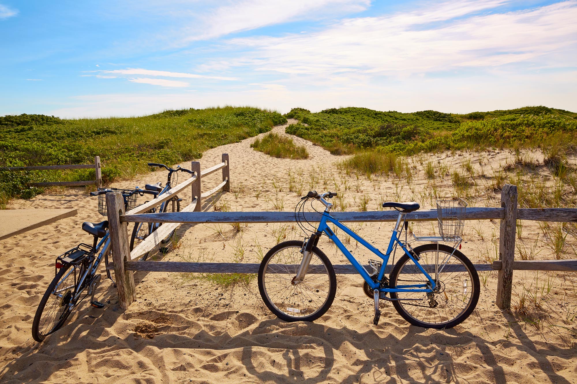Two bikes leaning on a fence by the seashore